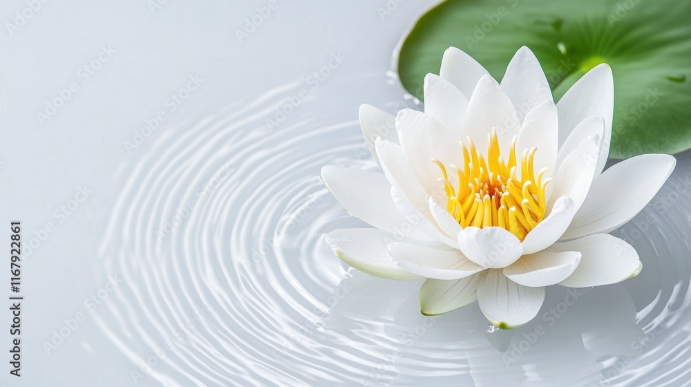 Serene white lotus with rippling water and green leaf Serene white lotus with rippling water and green leaf