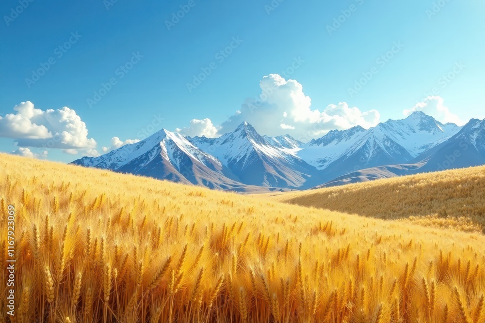 Fototapeta premium Rolling wheat, snow peaks, cloudless blue sky , mountains, view