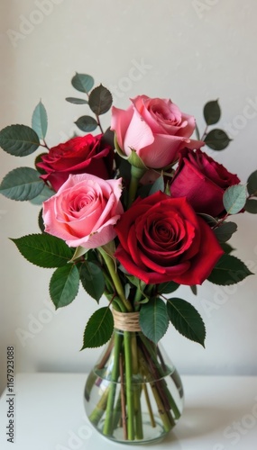 Romantic red & pink roses, eucalyptus bouquet, wedding, flowers