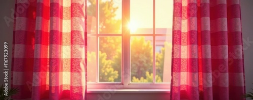 Rose-colored checkered curtains, sunlit window, texture, photography photo