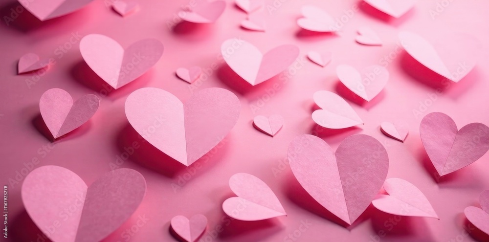 Scattered pink paper hearts, light overlay effect , background, festive Scattered pink paper hearts, light overlay effect , background, festive