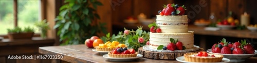 Rustic wedding dessert table with tiered cake and fruit tarts, candy, berries