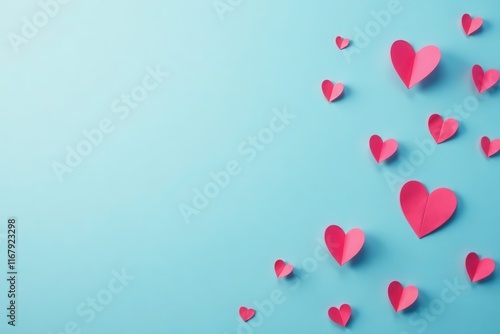 Scattered tiny pink paper hearts on bright background, tiny, wedding
