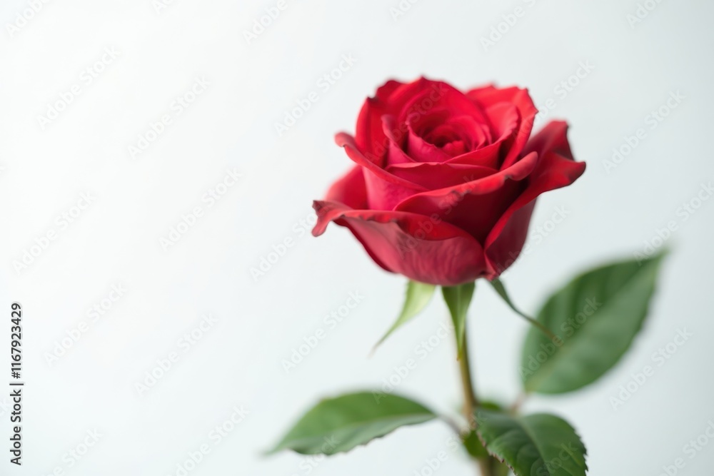 Single perfect red rose, pristine white background , stem, love Single perfect red rose, pristine white background , stem, love