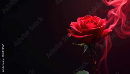 Single red rose engulfed by swirling crimson smoke against a black background, gothic, smoke