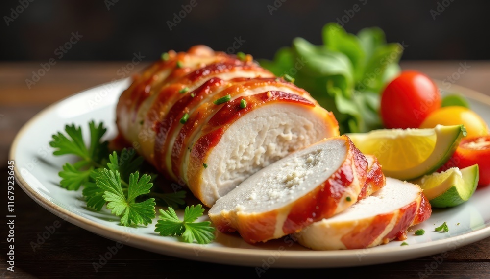 Sliced bacon wrapped turkey breast on a platter, festive food, roasted turkey Sliced bacon wrapped turkey breast on a platter, festive food, roasted turkey