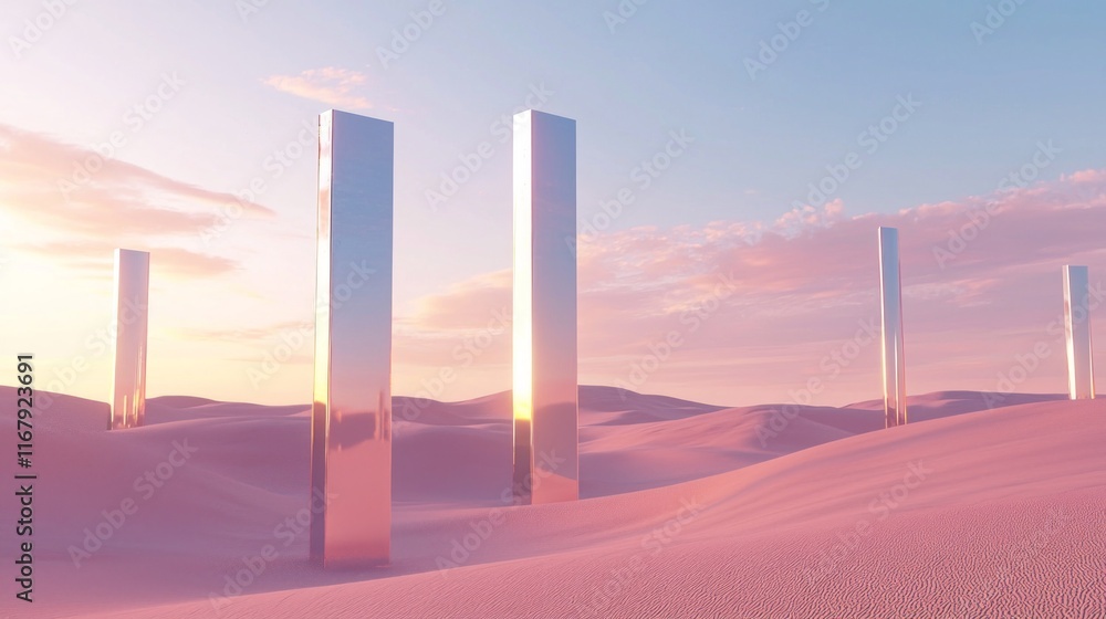 Fototapeta premium Ethereal Futuristic Desert Landscape with Graceful Tall Dunes and Metallic Columns at Twilight