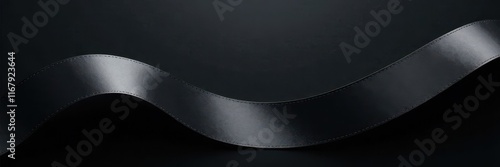 Sleek black backdrop, silver ribbon elegantly curved , shiny, art