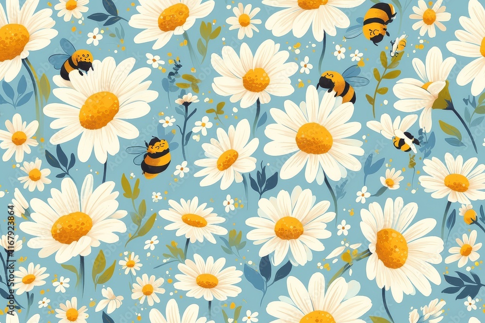 Sunny Garden Whimsy: Seamless Pattern of Daisies and Bumblebees Sunny Garden Whimsy: Seamless Pattern of Daisies and Bumblebees