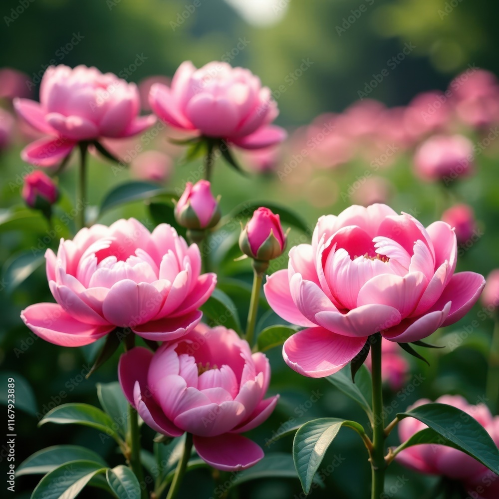 Softly blooming pink peonies and roses in a lush garden, spring, rose Softly blooming pink peonies and roses in a lush garden, spring, rose
