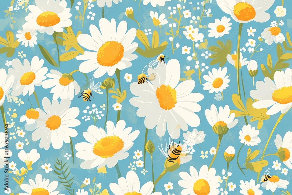 Sunny Garden Whimsy: Seamless Pattern of Daisies and Bumblebees Sunny Garden Whimsy: Seamless Pattern of Daisies and Bumblebees