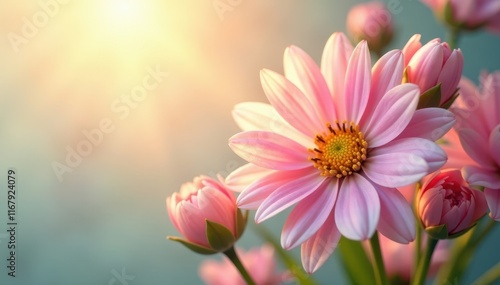 Sunlit bouquet, pastel tones, delicate petals, pink, white