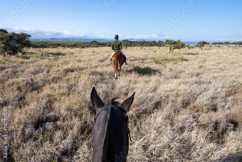 View from horseback, guide on horse leading safari ride across dry grass savanna, Lewa Conservancy, African wildlife adventure safari in Kenya
 photo