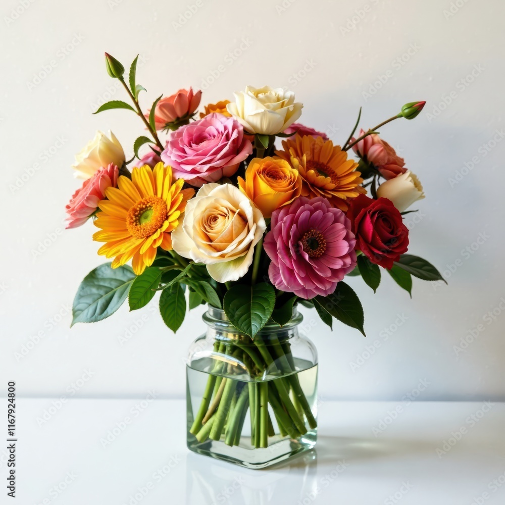 Vibrant floral arrangement in a square glass vase, , centerpiece Vibrant floral arrangement in a square glass vase, , centerpiece