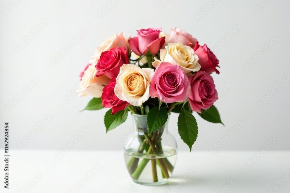 Vibrant mix of roses and carnations in a simple vase on white, flower centerpiece, flowers Vibrant mix of roses and carnations in a simple vase on white, flower centerpiece, flowers