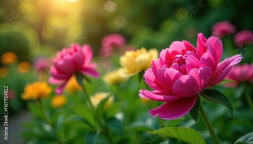 Vibrant fuchsia peonies bloom in lush summer garden , color, wedding