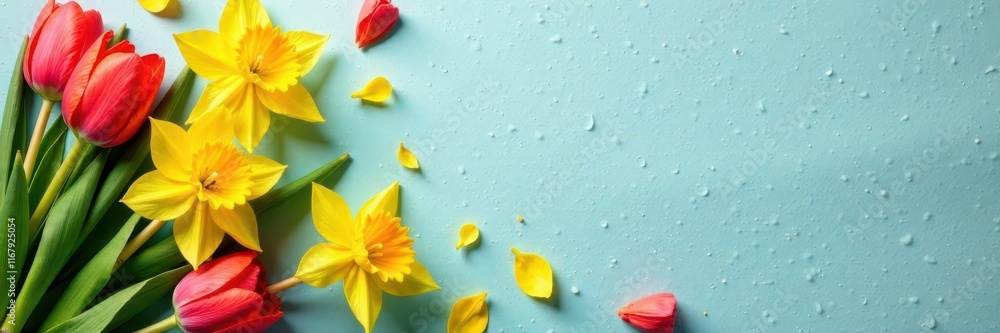 Naklejka premium Vibrant tulips and daffodils scattered on craft paper , bloom, tulips