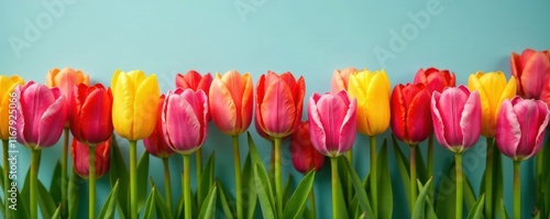 Vibrant spring tulips in a neat row, colorful blooms , nature, colorful