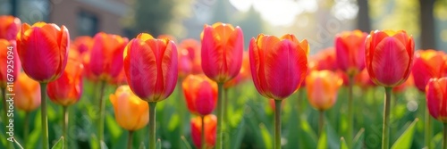 Vibrant tulips in perfect spring bloom, aligned neatly , spring, vibrant colors