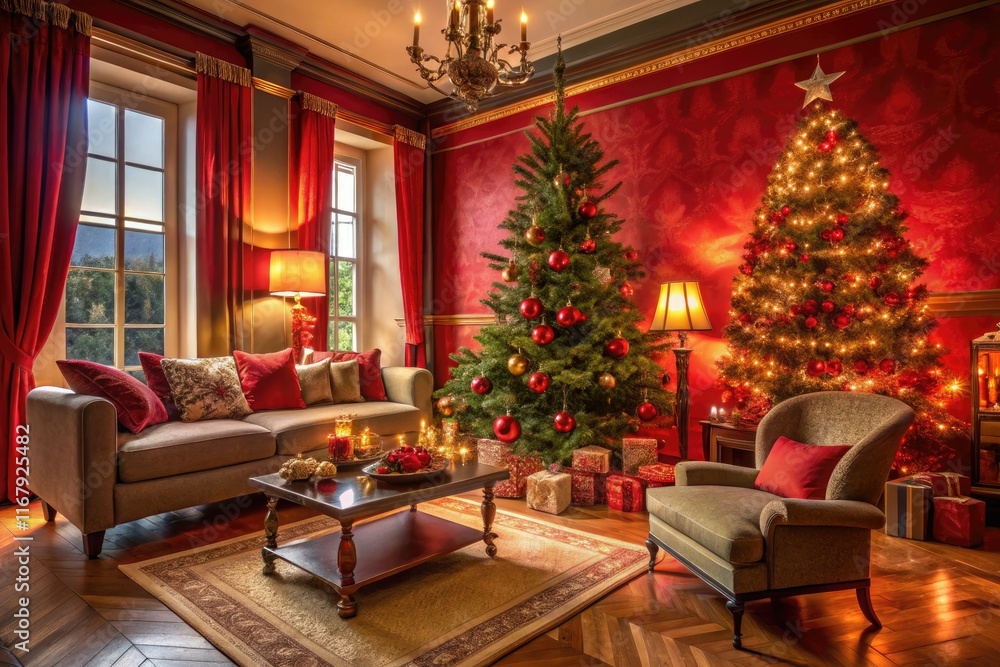 A cozy red Christmas tree anchors a festive living room, embodying classic holiday style. A cozy red Christmas tree anchors a festive living room, embodying classic holiday style.