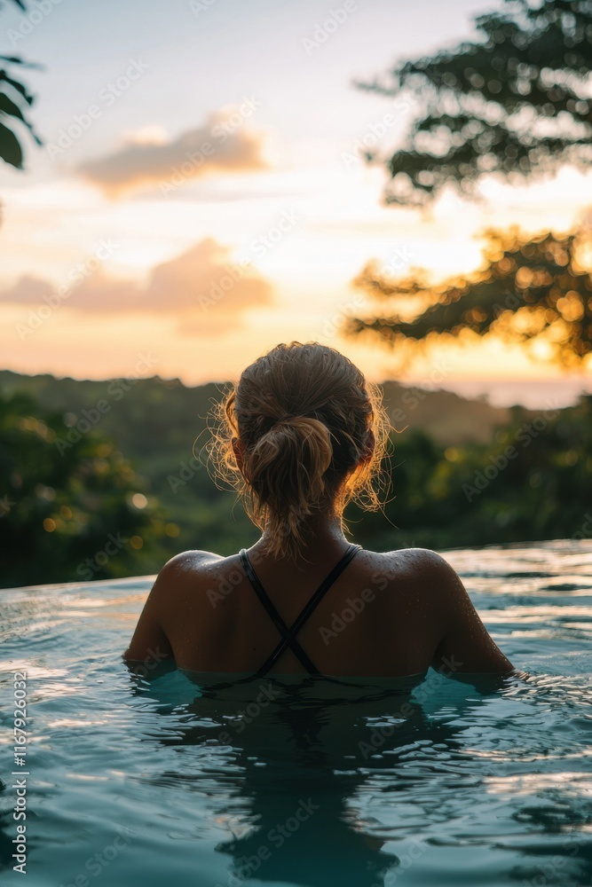 Relaxing in a tranquil infinity pool at sunset surrounded by lush greenery in a tropical paradise Relaxing in a tranquil infinity pool at sunset surrounded by lush greenery in a tropical paradise