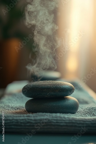 Steaming hot stones placed on a soft towel in a calming spa environment at sunset