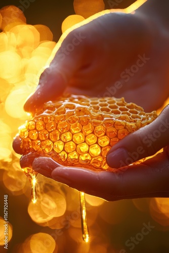 Hands holding fresh honeycomb dripping with golden honey under warm sunlight photo