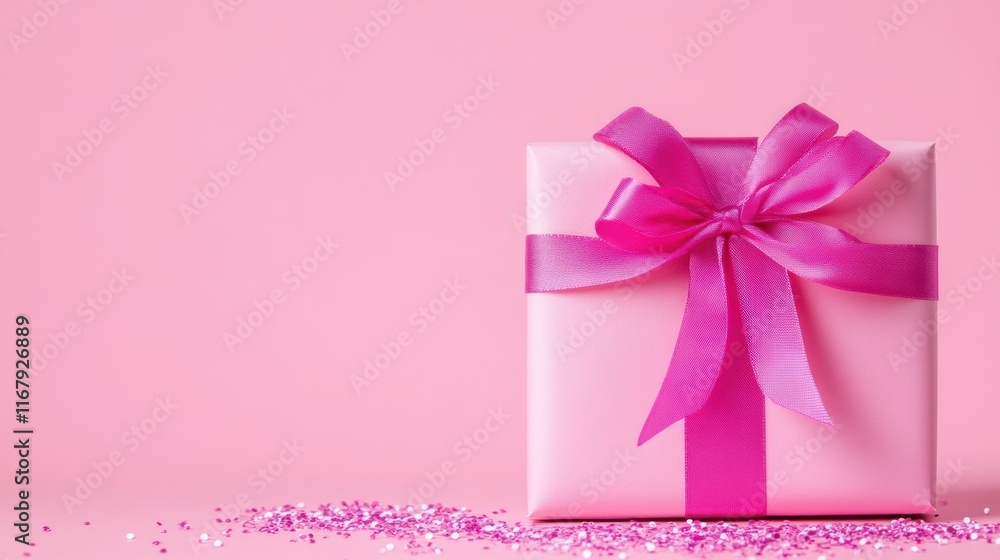 Pink gift box with glittery ribbon on solid pastel background Pink gift box with glittery ribbon on solid pastel background