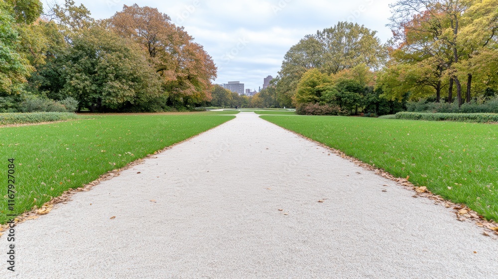 Obraz premium Tranquil park pathway leading through a green lawn with autumn trees