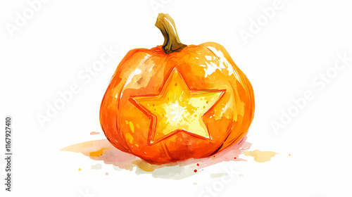 A single cute jackolantern with a starshaped nose, watercolor illustration, clipart, isolated on pure white background. Starshade. Illustration photo