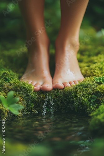 Person standing barefoot on green moss near a gentle stream in a serene forest during daylight