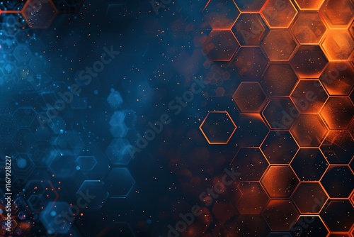 Abstract Hexagon Pattern Background.  Glowing blue and orange hexagons create a dynamic, futuristic backdrop.