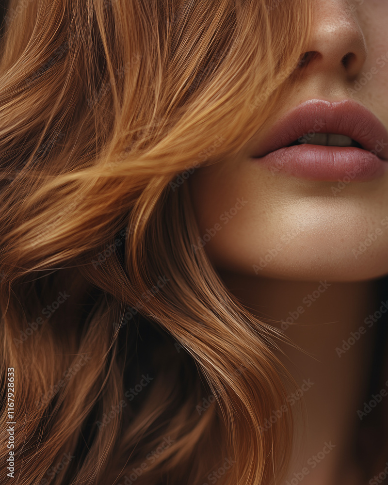 Close-up of woman's voluminous bright bronze hairstyle with partially hidden face Close-up of woman's voluminous bright bronze hairstyle with partially hidden face