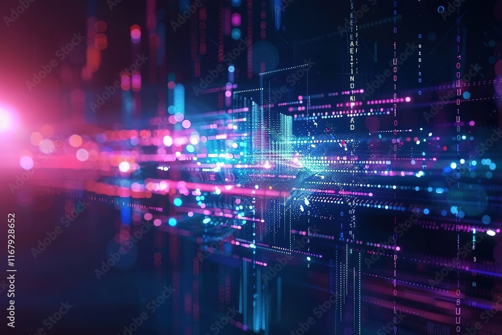 Abstract digital data stream, glowing particles and binary code. Futuristic technology background. Abstract digital data stream, glowing particles and binary code. Futuristic technology background.