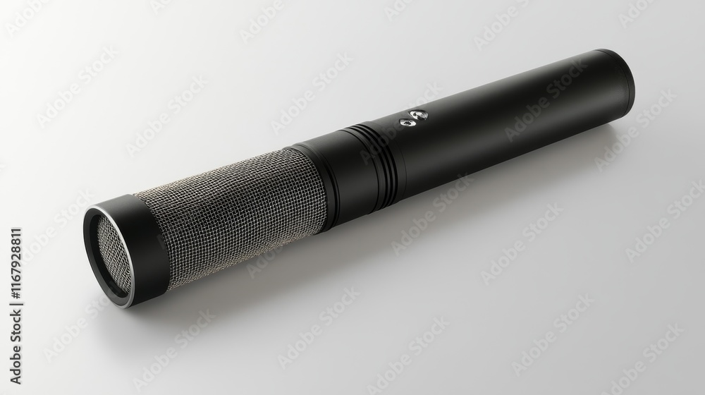 8.A modern, isolated image of a shotgun microphone, with a black body and silver mesh head, resting horizontally against a white background. The microphone is positioned with a slight angle to 8.A modern, isolated image of a shotgun microphone, with a black body and silver mesh head, resting horizontally against a white background. The microphone is positioned with a slight angle to