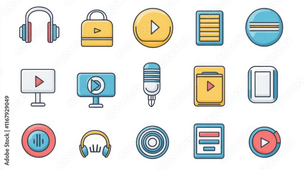88.A set of thin line audio-related icons including a microphone, speaker, headset, play button, pause, equalizer, mute, and sound volume control. The icons are simple and clean, designed with fine 88.A set of thin line audio-related icons including a microphone, speaker, headset, play button, pause, equalizer, mute, and sound volume control. The icons are simple and clean, designed with fine