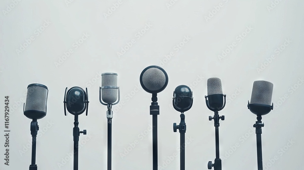 14.A wide shot of several dynamic microphones on stands, isolated on a pure white background, arranged for a press conference setup. The microphones’ black bodies and silver mesh heads are evenly 14.A wide shot of several dynamic microphones on stands, isolated on a pure white background, arranged for a press conference setup. The microphones’ black bodies and silver mesh heads are evenly
