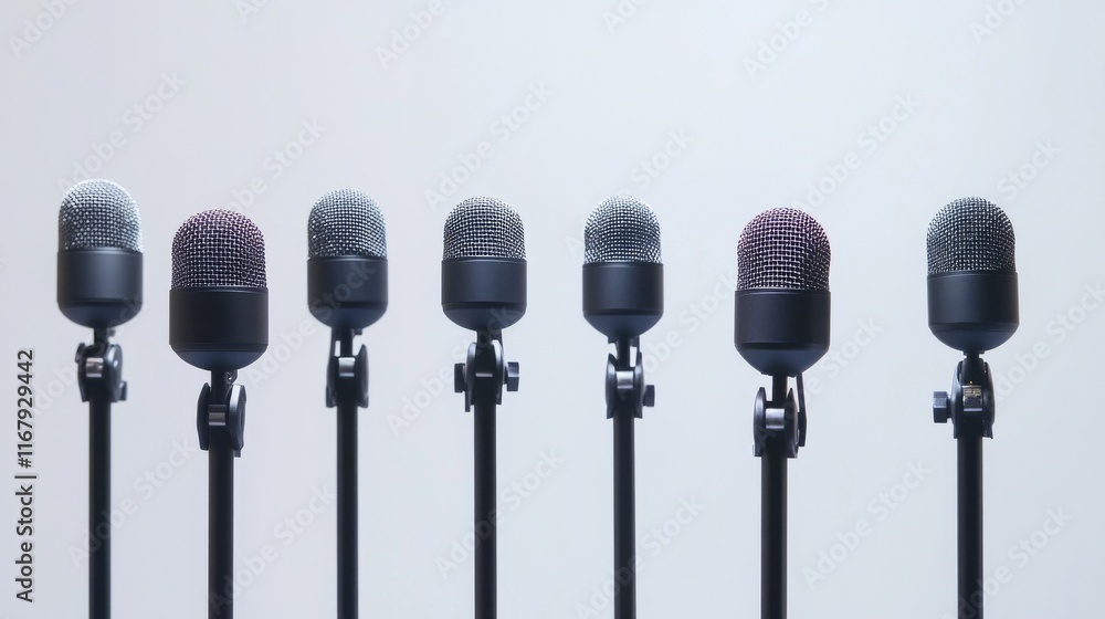 14.A wide shot of several dynamic microphones on stands, isolated on a pure white background, arranged for a press conference setup. The microphones’ black bodies and silver mesh heads are evenly 14.A wide shot of several dynamic microphones on stands, isolated on a pure white background, arranged for a press conference setup. The microphones’ black bodies and silver mesh heads are evenly