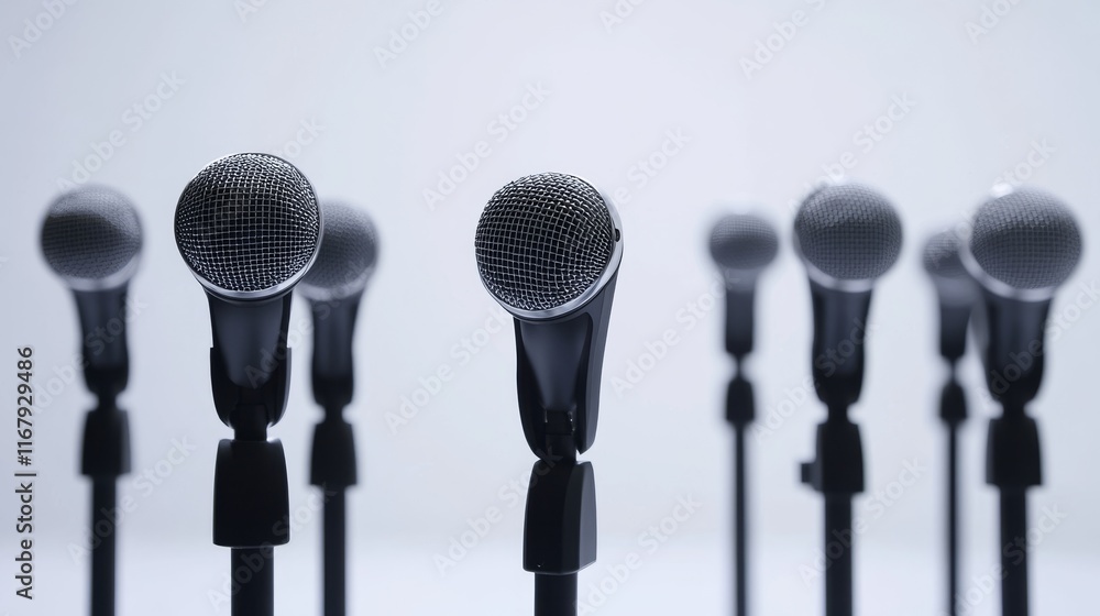 14.A wide shot of several dynamic microphones on stands, isolated on a pure white background, arranged for a press conference setup. The microphones’ black bodies and silver mesh heads are evenly 14.A wide shot of several dynamic microphones on stands, isolated on a pure white background, arranged for a press conference setup. The microphones’ black bodies and silver mesh heads are evenly