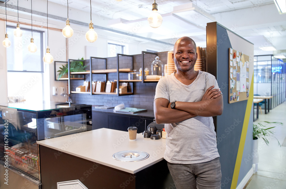 Obraz premium Attractive, charming young African American male entrepreneur in coworking space coffee shop counter smiling confidently