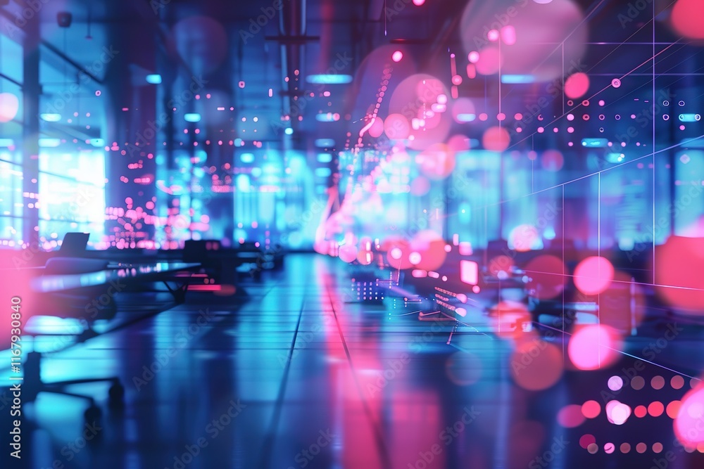 Obraz premium Futuristic office space with glowing screens and data visualizations.