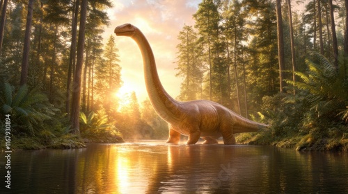 Brontosaurus in lush forest setting at sunrise