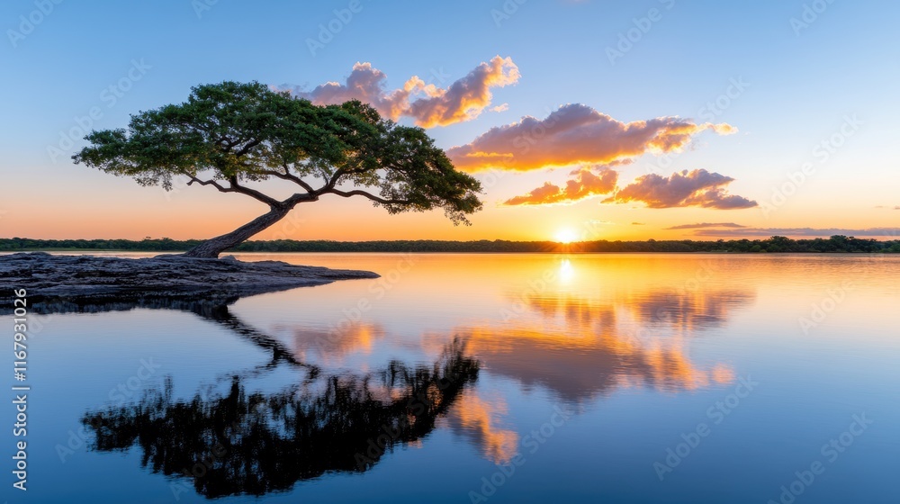 Tranquil sunset by a lone tree reflecting over calm lake waters Tranquil sunset by a lone tree reflecting over calm lake waters