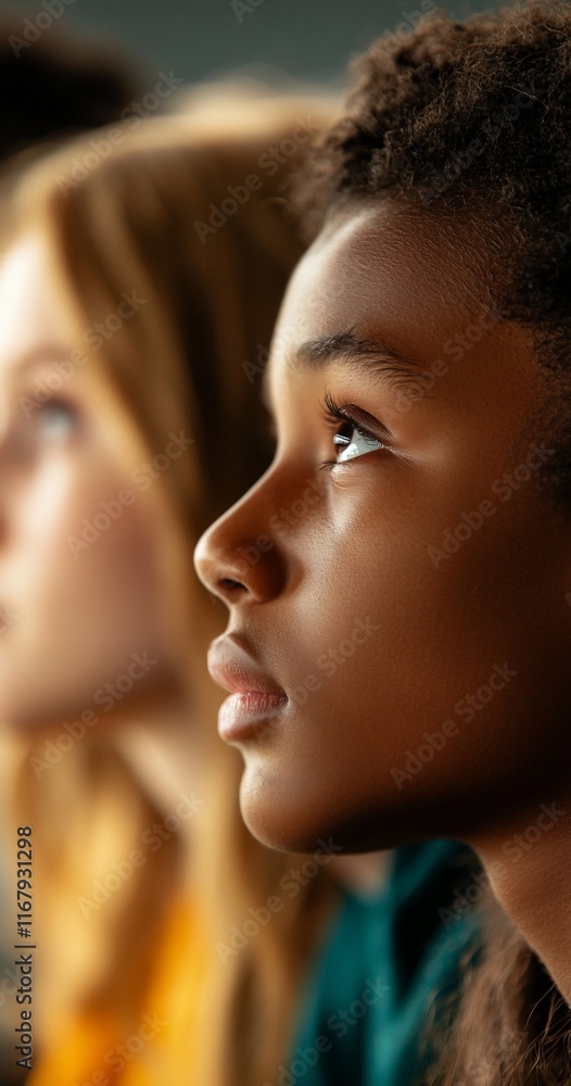 Two children gazing thoughtfully, conveying curiosity and wonder. Two children gazing thoughtfully, conveying curiosity and wonder.