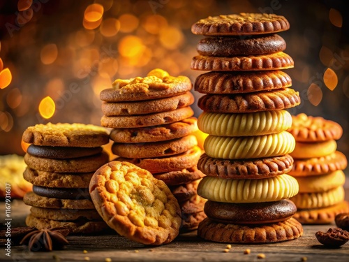 A delicious, towering stack of assorted cookies bathed in the alluring glow of low-light night photography. photo