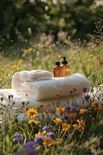 Relaxing spa setup with towels and essential oils in a flower-filled natural setting during daylight