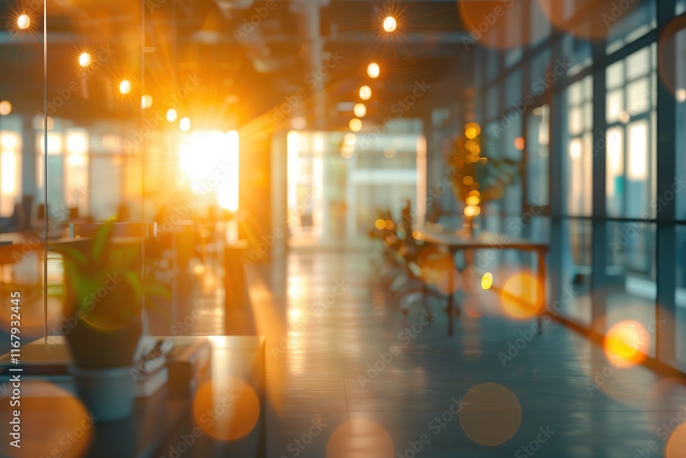 Fototapeta premium Sunlit modern office space with desks and large windows. Warm, inviting atmosphere.