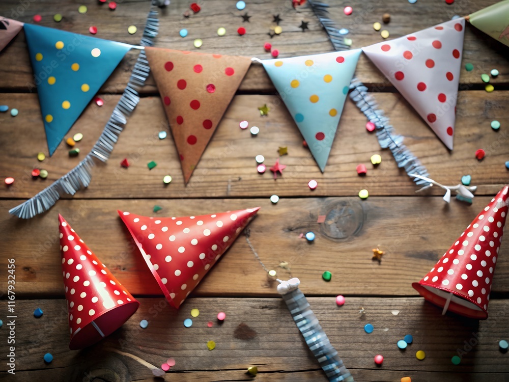 Obraz premium Festive Birthday Celebration Background with Party Hat, Balloons, and Colorful Decorations.