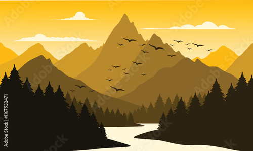 Vector yellow mountain landscape with clean sky, calm river, birds flying and pine trees silhouettes