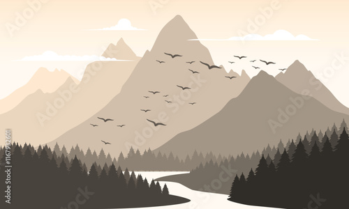 Vector brown mountain landscape with clean sky, calm river, birds flying and pine trees silhouettes